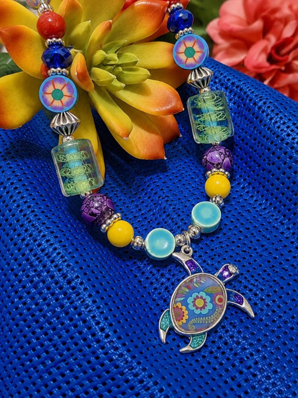 Artisan Hand Crafted Bracelet Turtle Flower Colorful Beaded OSFM